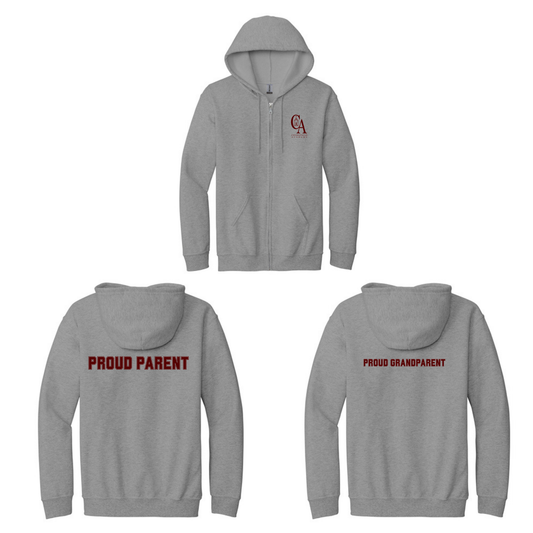Chiaravalle Academy Proud Parent or Grandparent - Zip Up Hoodie - DTF Left Chest & Back - Unisex - Gildan 18600